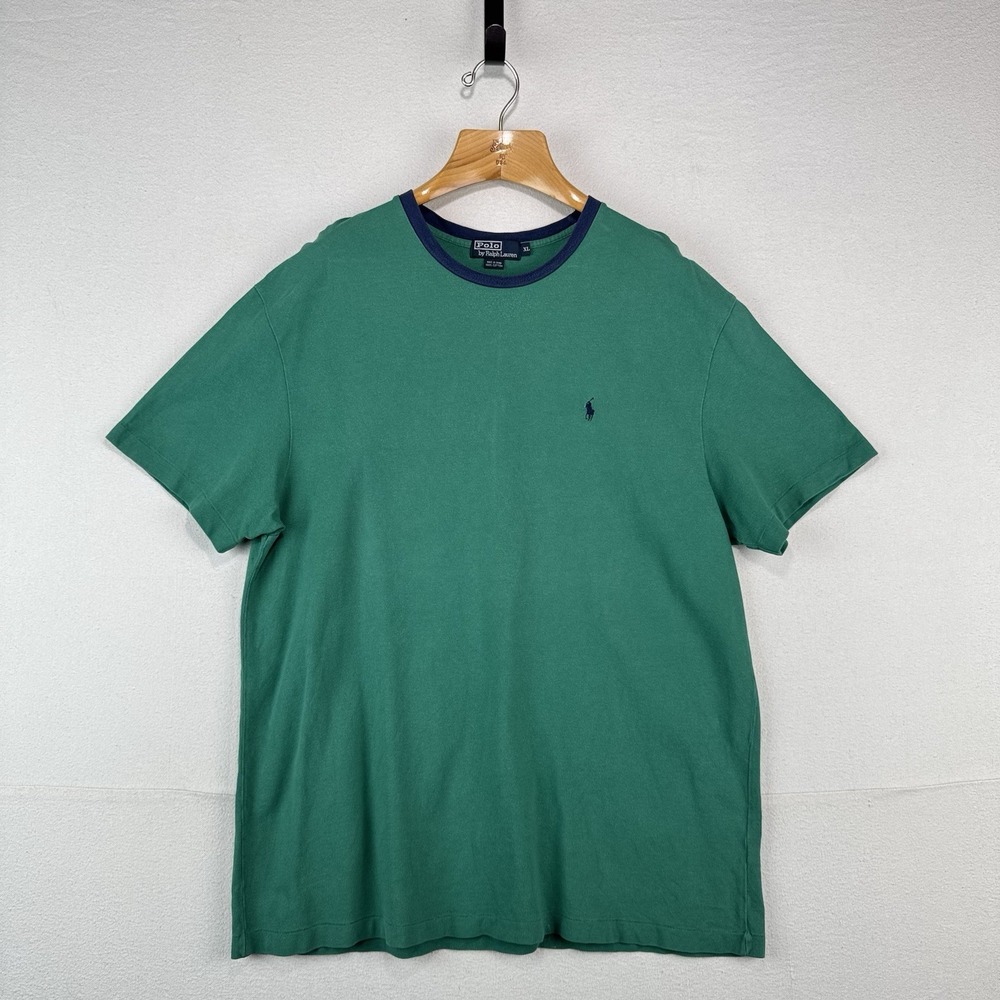 90's Vtg Polo Ralph Lauren Men's XL Green Ringer Crew Neck T-Shirt Pique Cotton